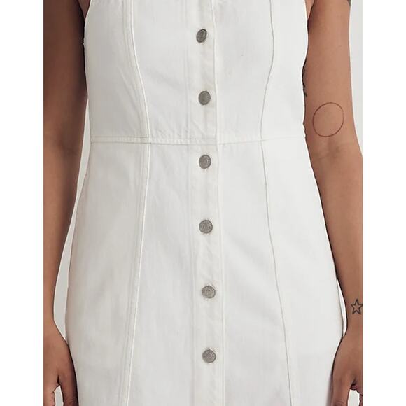 Madewell Womens Denim Mini Dress 4 White Button Front Sleeveless Square Neck NWT - Picture 3 of 10